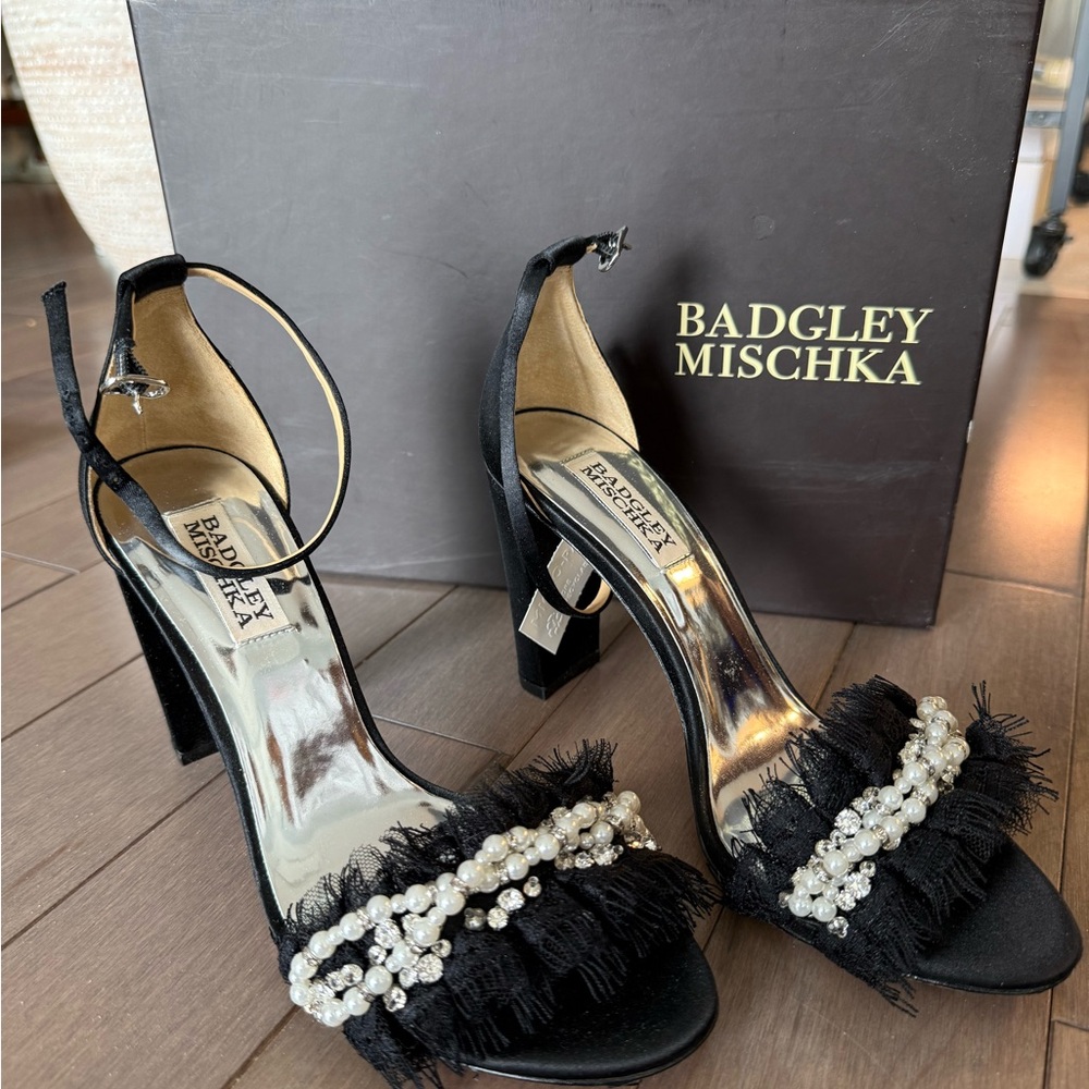 Badgley Mischka Black Pearl-Embellished Fringe Ankle-Strap Heels